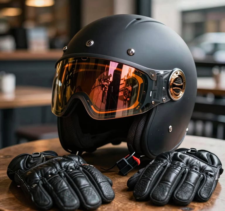 A close-up aesthetic shot of a motorcycle helmet and leather gloves on a table in a Global / International urban cafe. Pitch black and dark graphite tones with orange reflection on the visor.