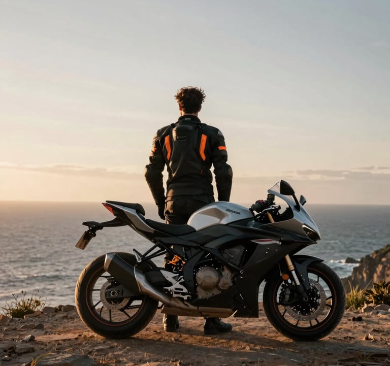 A lifestyle shot of a traveler standing by a sport bike on a coastal cliff in a Global / International setting at sunset. The person is looking out at the ocean, wearing high-quality riding gear with burnt orange accents. The lighting is cinematic, highlighting the silhouette against an off-white and charcoal grey sky.