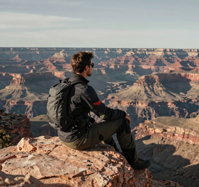 A premium lifestyle shot of a traveler in modern riding gear sitting on a rock overlooking a vast canyon in a Global / International landscape. The lighting is soft and cinematic, with deep shadows and soft grey sky tones.