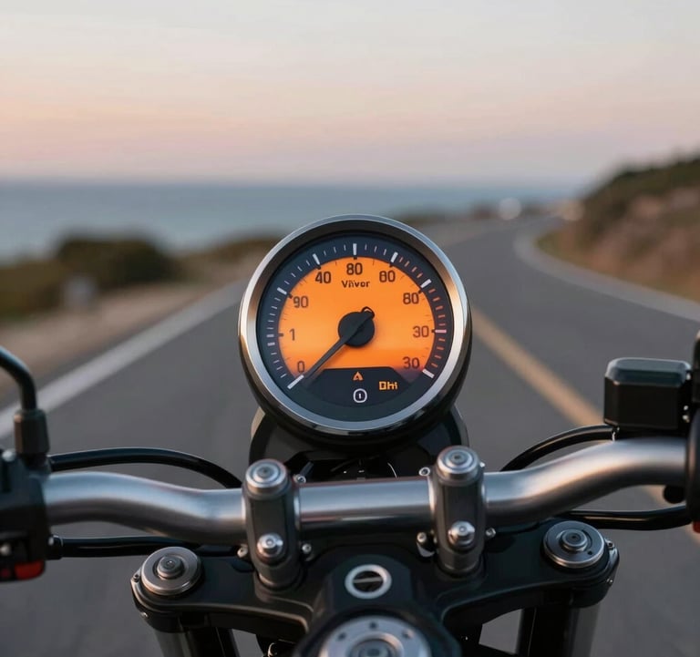 Close-up cinematic shot of a motorcycle speedometer and handlebars reflecting a vibrant orange sunset. The background shows a blurred road stretching into a Global / International coastal horizon.