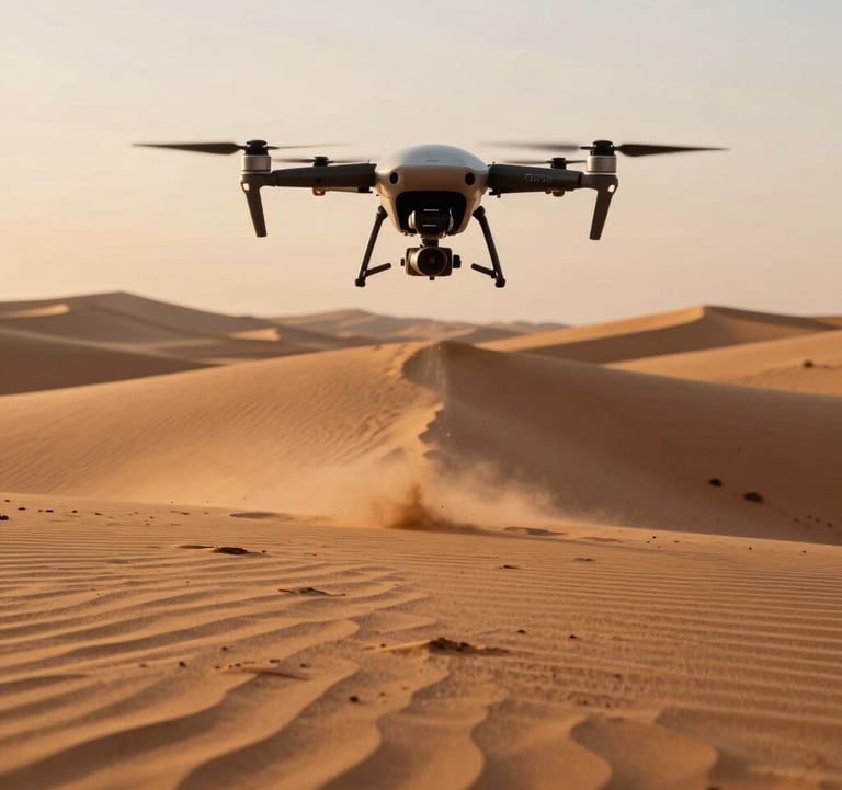 Action shot of a drone being launched by a professional in a Global / International desert setting during golden hour. Burnt orange sand and dark graphite shadows.