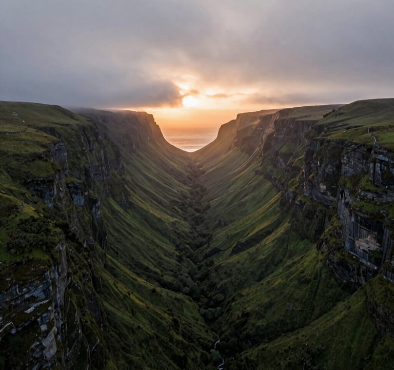 Cinematic drone photography of a lush Global / International coastal valley at dawn. Soft mist grey clouds hanging over green cliffs with deep amber sunset orange light peaking through.