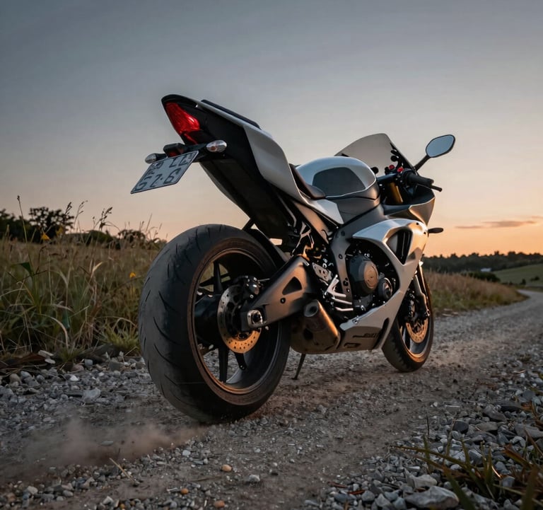 A low-angle dynamic shot of a sport bike's rear wheel kicking up a small amount of dust on a gravel path in a Global / International rural setting. The scene is bathed in charcoal tones with a warm orange glow from the side.