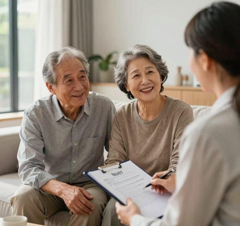 A high-income retiree couple in a modern, sunlit North American living room, smiling and talking with a financial advisor who is holding a professional folder, suggesting trust, authority, and high-value wealth management.