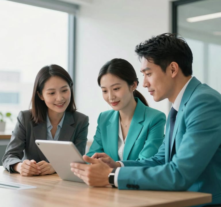 Candid photography of a high-level strategic meeting between a consultant and a couple in a bright, modern North American office. They are looking at a tablet together, appearing focused and satisfied. Lighting is clean and vibrant, incorporating tones of vibrant teal.