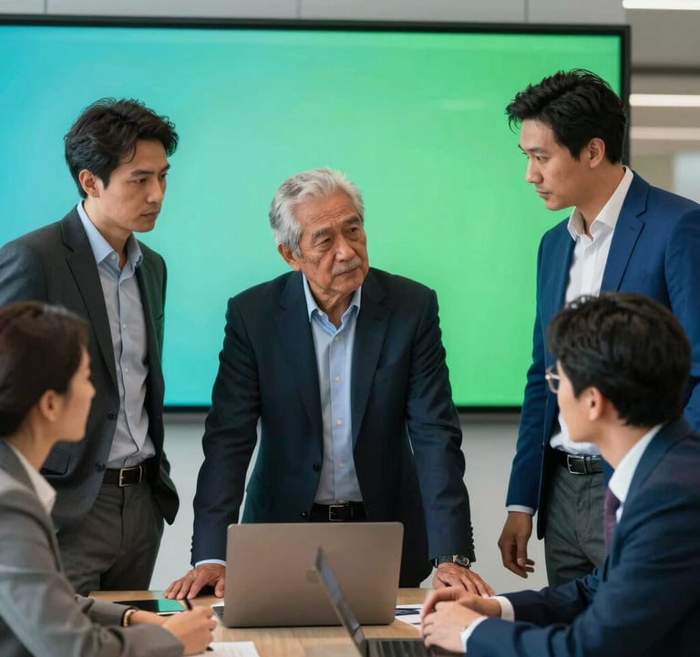 A sophisticated North American urban office setting where a team is collaborating around a screen. The environment is vibrant teal and royal green, featuring diverse professionals in smart business attire engaging in a high-level discussion.