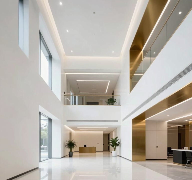 A high-key photograph of a modern financial office lobby in a US metropolitan area. Bright crisp white walls, electric gold accents, and a clean architectural perspective that suggests stability and growth.