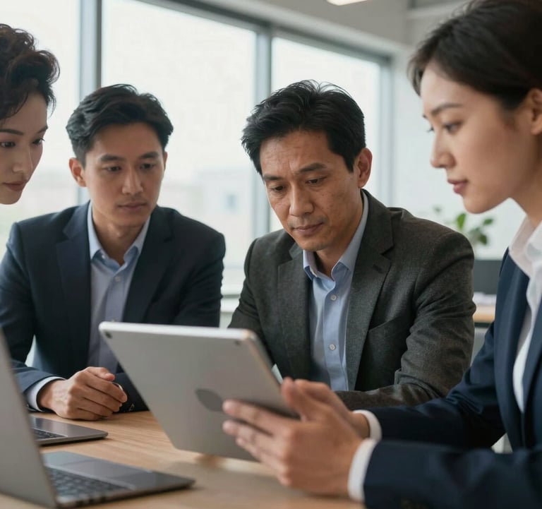A close-up of a diverse group of North American professionals in a brightly lit, modern office space with large windows, wearing professional business attire and collaborating over a digital tablet, conveying forward-thinking expertise.