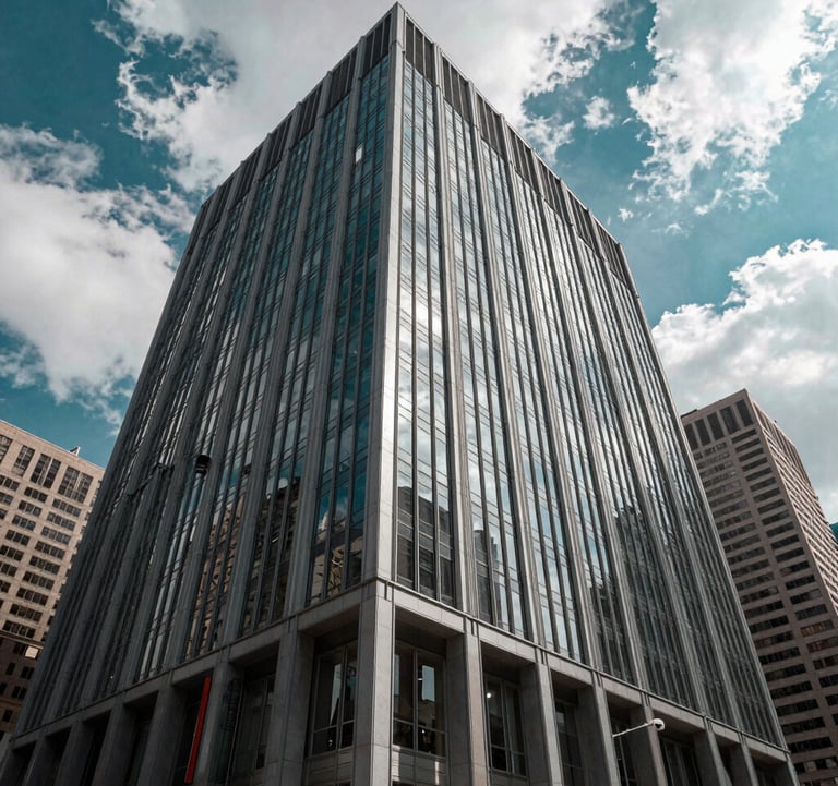 Wide architectural shot of a sleek, modern commercial building in a major North American financial district. The facade is glass and steel, reflecting the crisp white clouds and vibrant teal sky. Premium, authoritative, and stable atmosphere.
