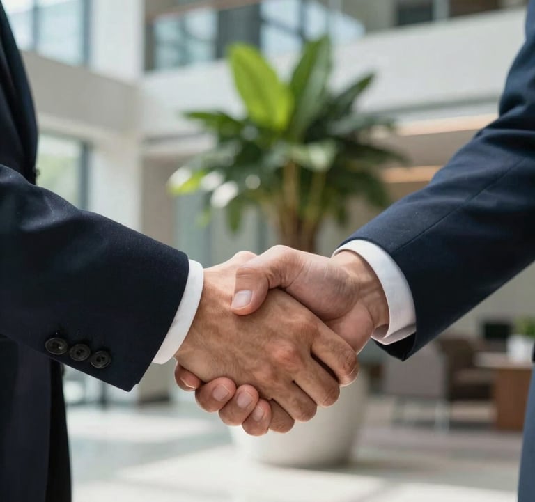 A close-up of two professionals shaking hands firmly in a modern corporate lobby in the US. The background is slightly out of focus, showing architectural glass and rich royal green indoor plants. High-contrast, dynamic, and professional style.