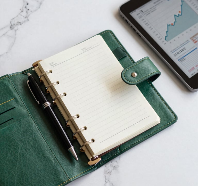 A clean, top-down photograph of a leather-bound planner, an expensive pen, and a tablet showing financial growth charts. Set on a white marble surface with royal green and electric gold accents.