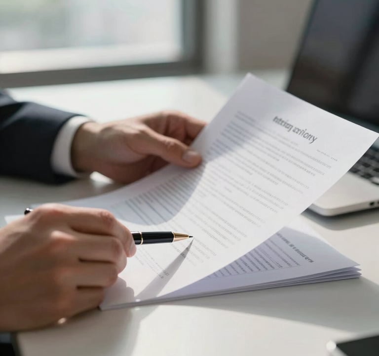 A focused close-up of a North American professional's hands reviewing financial documents on a clean, modern desk. Soft morning light from a nearby office window illuminates crisp white paper and a high-end pen, emphasizing precision and detail.