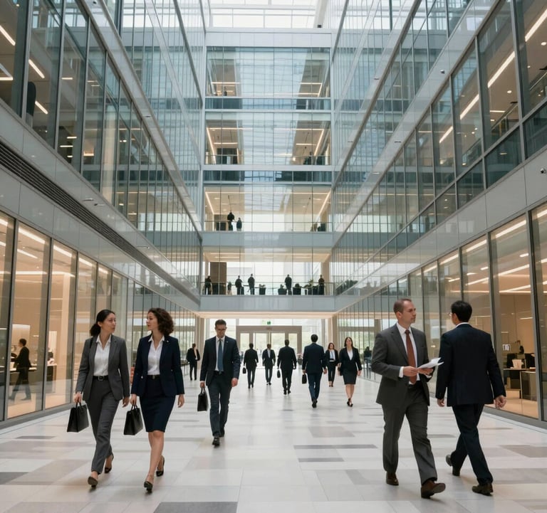 A wide shot of a contemporary US business center with high ceilings and glass walls. Professionals are walking with purpose through a bright, open space that feels dynamic, credible, and premium.