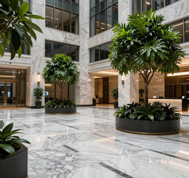 A sophisticated, clean architectural shot of a high-end corporate building lobby in a major North American city, featuring marble floors and vibrant green indoor plants, reflecting a premium and credible corporate environment.