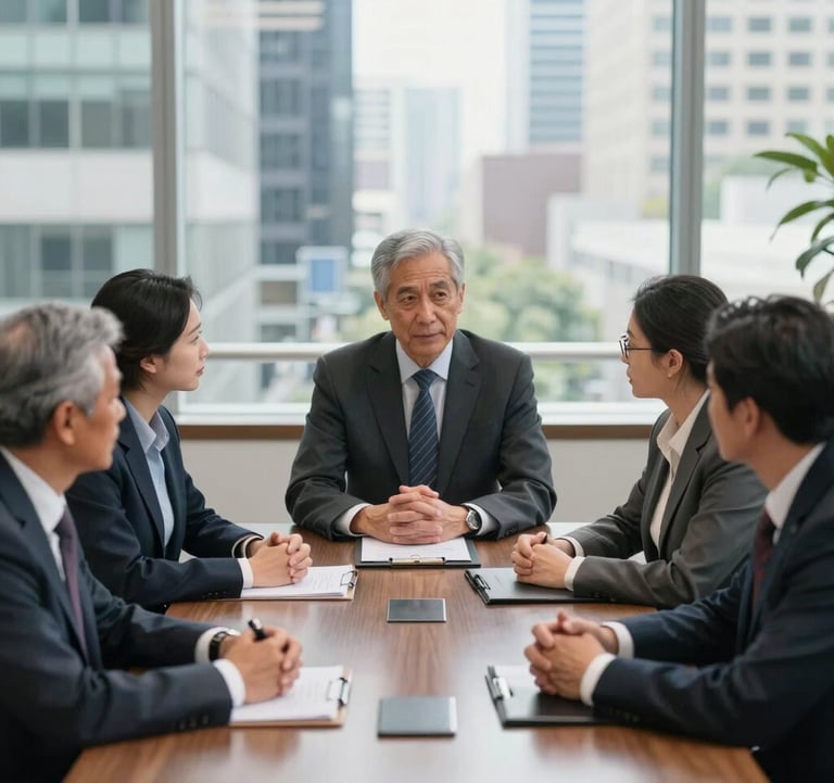 A professional setting in a US financial hub. A diverse group of business leaders is engaged in a strategic meeting around a polished table, conveying authority and sophisticated collaboration.