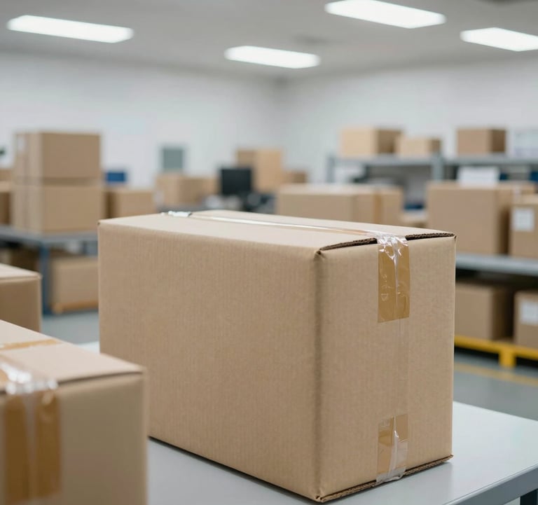 Professional high-end photography of a clean and organized e-commerce logistics hub in India. The focus is on a perfectly packed parcel with a clean background, lit by bright, cool corporate lighting to signify efficiency and trust.