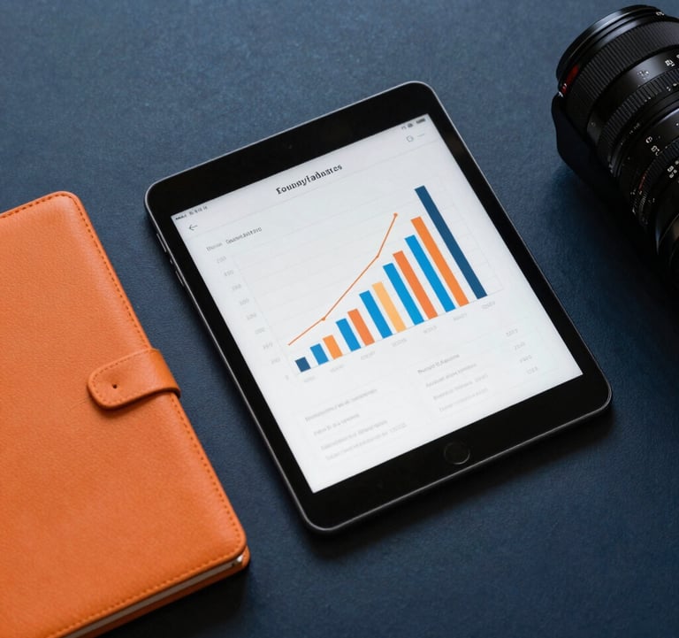 A top-down professional shot of a modern desk with a tablet showing business growth graphs and an orange notebook, set against a dark blue background.