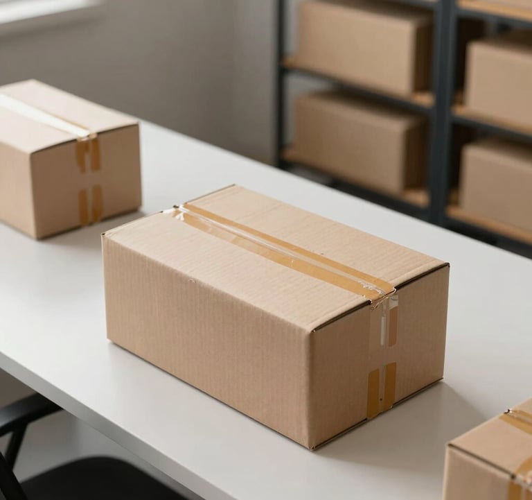 A clean, high-angle shot of branded e-commerce packaging boxes sitting on a polished white desk in a modern warehouse office, professional studio lighting highlighting efficiency.