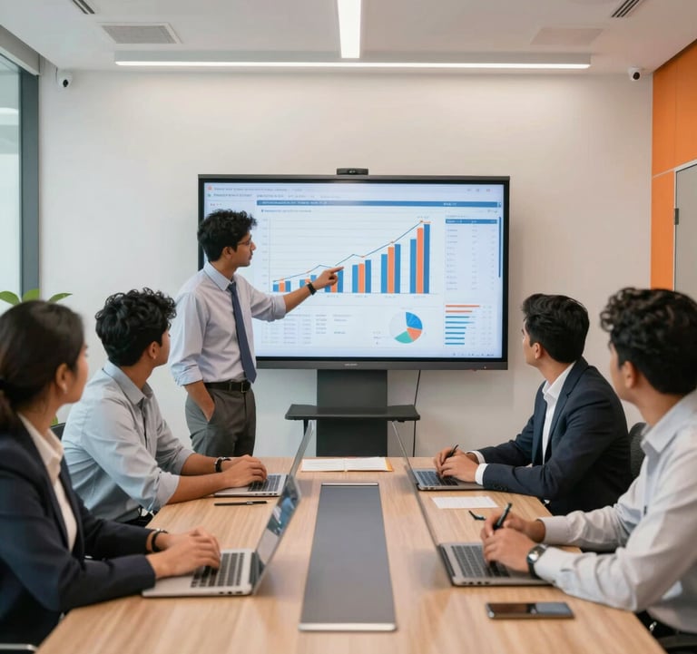 A collaborative meeting in a modern South Asian corporate boardroom, with professionals reviewing sales growth charts on a large screen, bright and airy office atmosphere with orange accent decor.