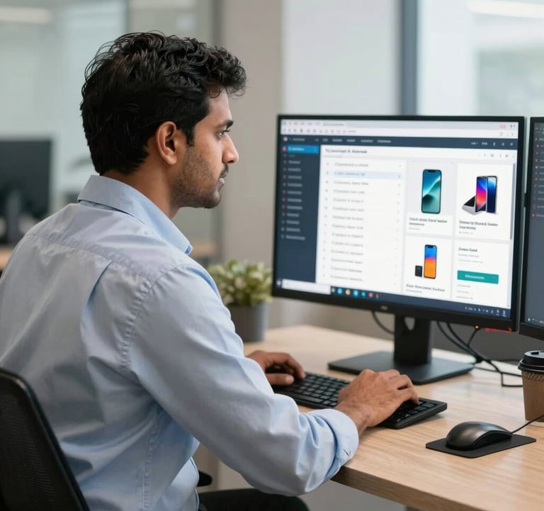 A professional South Asian man in a smart-casual shirt working in a bright, modern Indian office space. He is looking at a dual-monitor setup displaying complex e-commerce listing dashboards with high-quality product photography. The scene conveys expertise and professional management.