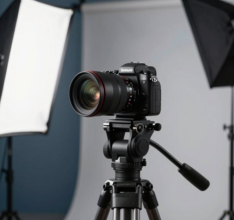 A high-quality photography session in a professional studio in India. A sleek camera on a tripod is focused on a high-end product, with professional softbox lighting visible in the frame and a clean background featuring soft grey and dark blue tones.