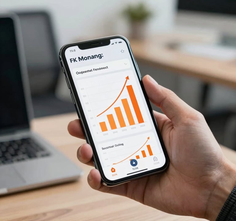 A close-up of a professional hand holding a sleek smartphone displaying a dynamic e-commerce sales dashboard with rising orange growth bars, set against a blurred modern office background.