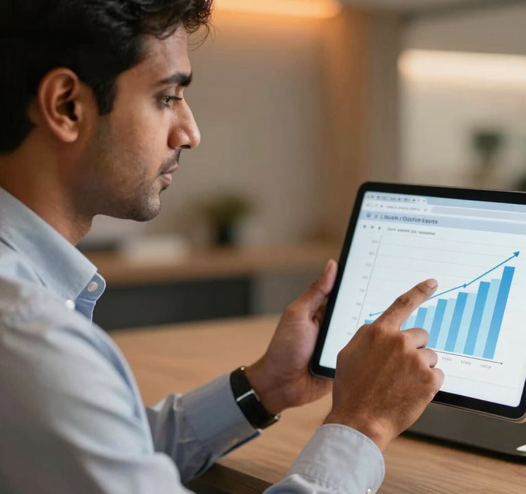 A professional close-up photograph of a South Asian business leader in a corporate setting, pointing at a tablet screen displaying a sales growth chart. The lighting is soft and warm, with subtle orange accents in the modern background decor.