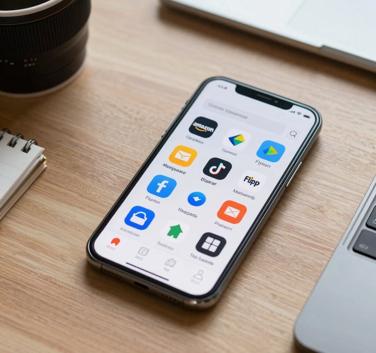 A professional shot of a smartphone displaying various marketplace app icons like Amazon and Flipkart on a clean wooden desk, surrounded by business accessories in an Indian office.