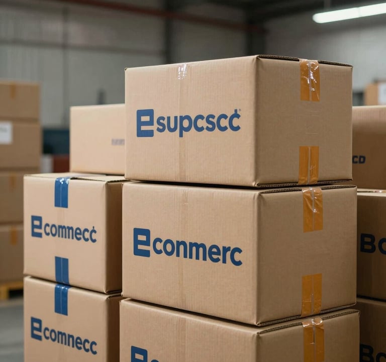 A crisp, professional photograph focusing on several neatly stacked cardboard shipping boxes with blue and orange tape, signifying successful e-commerce fulfillment in an Indian logistics center. The background shows a clean, organized warehouse environment with soft, industrial lighting.