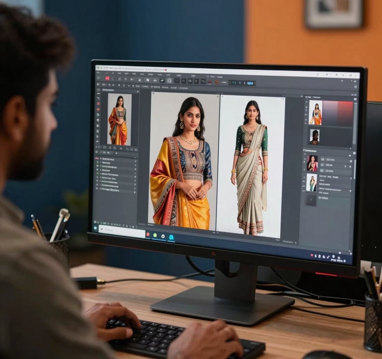 Close-up of a professional Indian designer at a workstation editing high-quality product images on a large monitor, professional lighting, creative office setting with dark blue and orange elements.