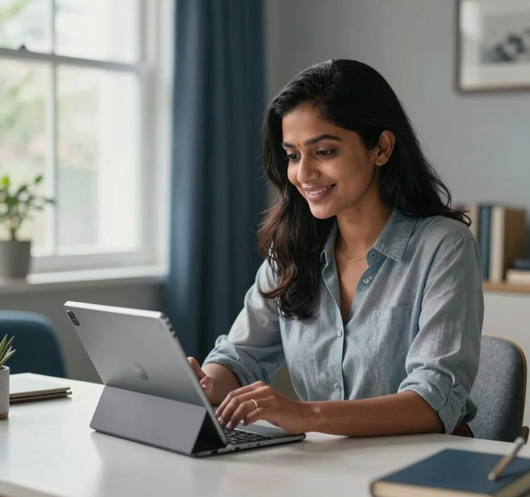 A high-quality lifestyle shot of a South Asian woman entrepreneur in an elegant home office in Mumbai, smiling as she views her flourishing e-commerce shop on a tablet. The room is decorated in soft gray and dark blue tones with plenty of natural light coming through the window.