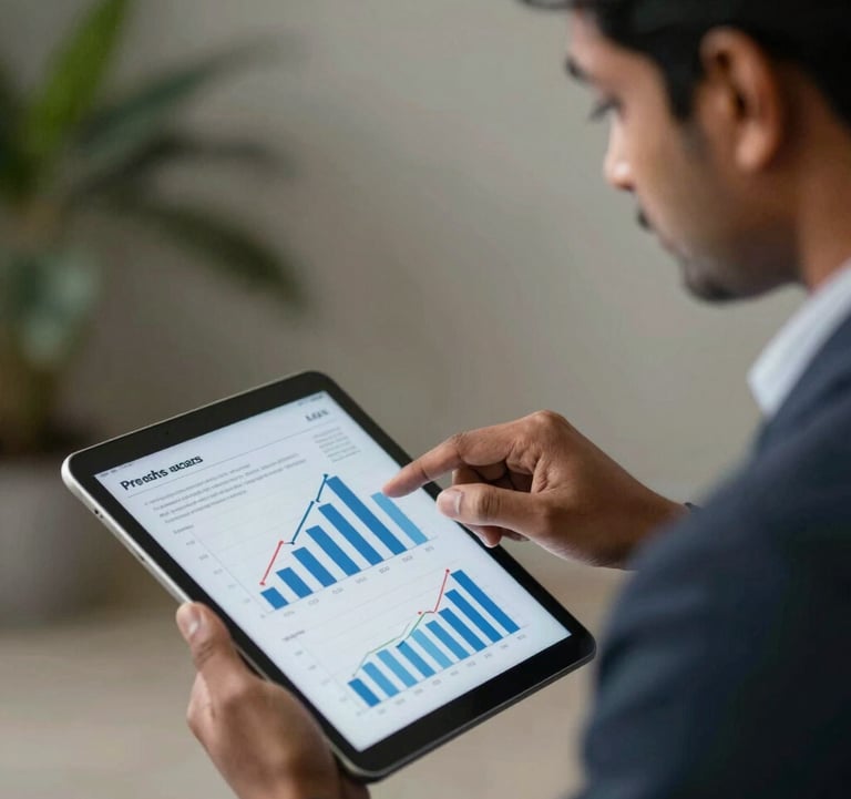Clean and professional photo of an Indian business professional analyzing sales charts on a tablet, symbolizing data-driven marketplace management and growth strategies.