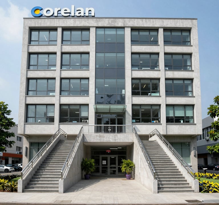 A welcoming office reception area with Corelan Pharmaceuticals branding.