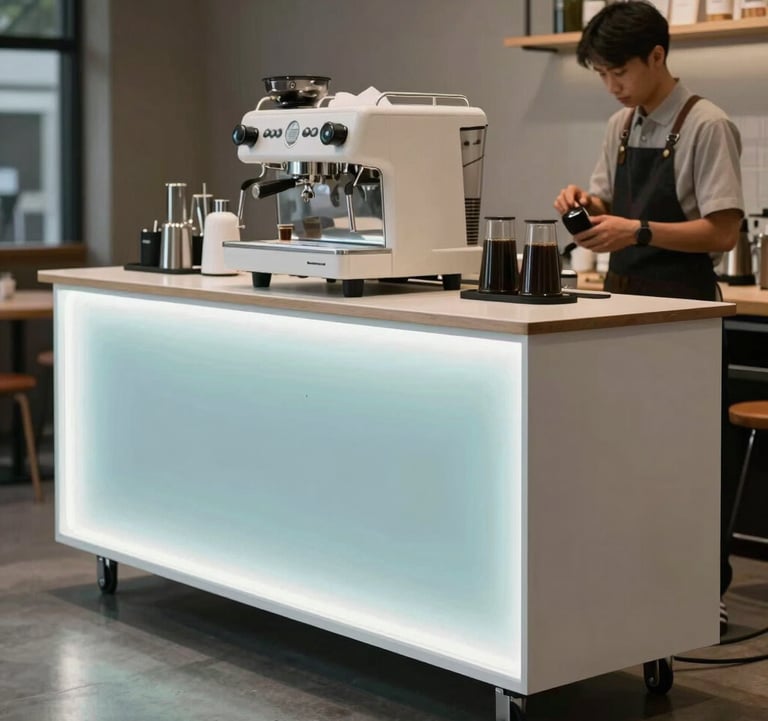 A sleek modular mobile bar with glowing LED strips in soft blue and white, a minimalist espresso machine on top, professional baristas in modern attire, North American / Urban.