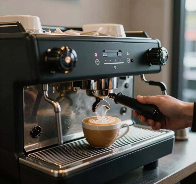 A sleek, industrial espresso bar in a North American / Urban setting. The machine is matte black with gold accents. Steam rises as a barista pours intricate latte art. The lighting is cinematic and focused, utilizing a steel blue and off-white palette.