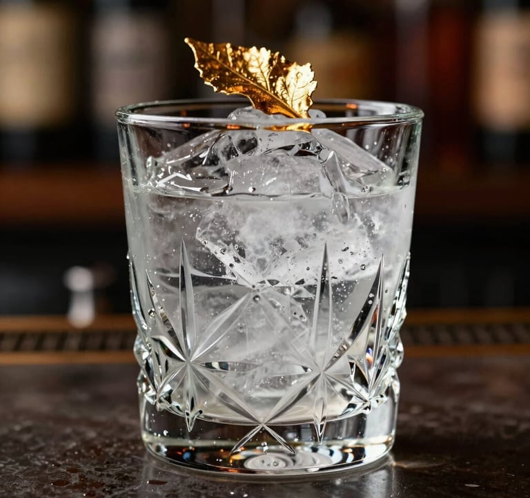 Cinematic close-up of a crystal glass with clear ice and a branded gold leaf garnish, set against a dark moody bar background with amber lighting, North American / Urban.