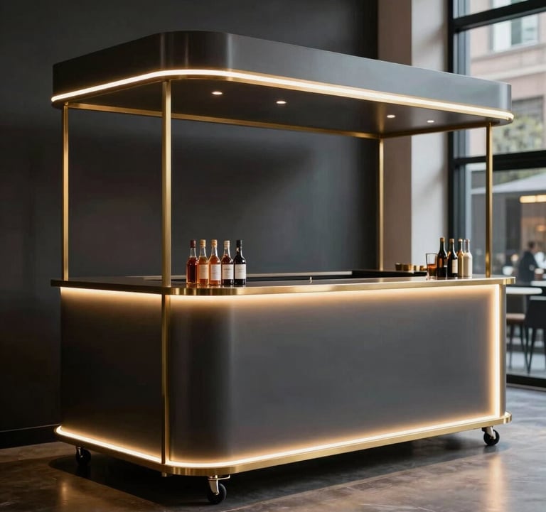 A sleek, modular mobile bar with minimalist LED branding positioned in a luxury North American / Urban event space. The bar has a matte charcoal finish. Warm gold lighting highlights the clean architectural lines of the setup.