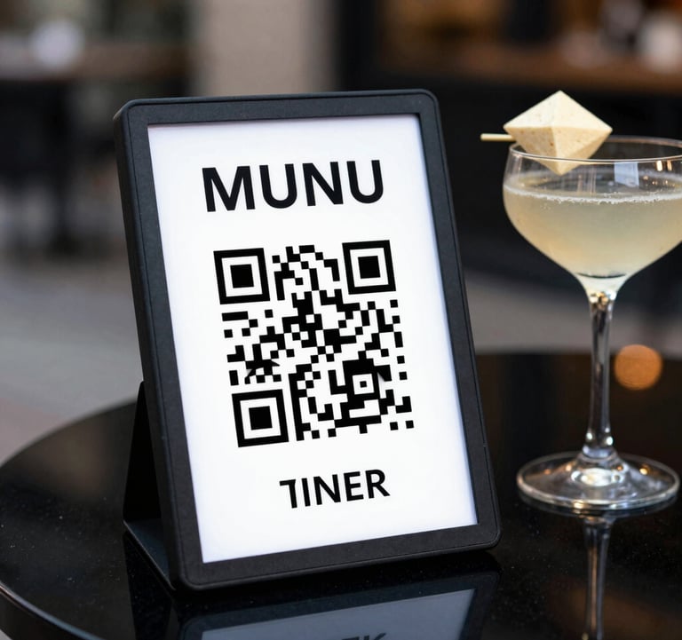 Close-up of a branded QR-based digital menu card on a polished black glass surface next to a sophisticated cocktail with a custom geometric garnish. Sharp urban evening lighting.