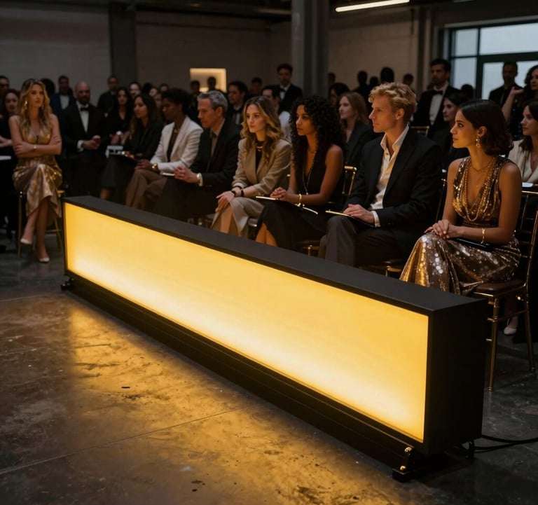 A modular LED bar glowing in vibrant yellow, surrounded by a crowd of stylish guests in a dark, high-end North American urban warehouse venue. Cinematic lighting and luxury vibe.