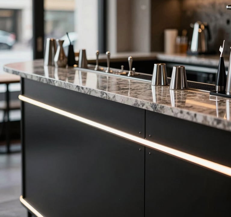 Close-up of a modular luxury mobile bar in a North American urban venue, featuring sleek matte black panels and glowing silver LED accents. Professional bar tools are arranged on a polished slate countertop in a high-end tech-startup style.