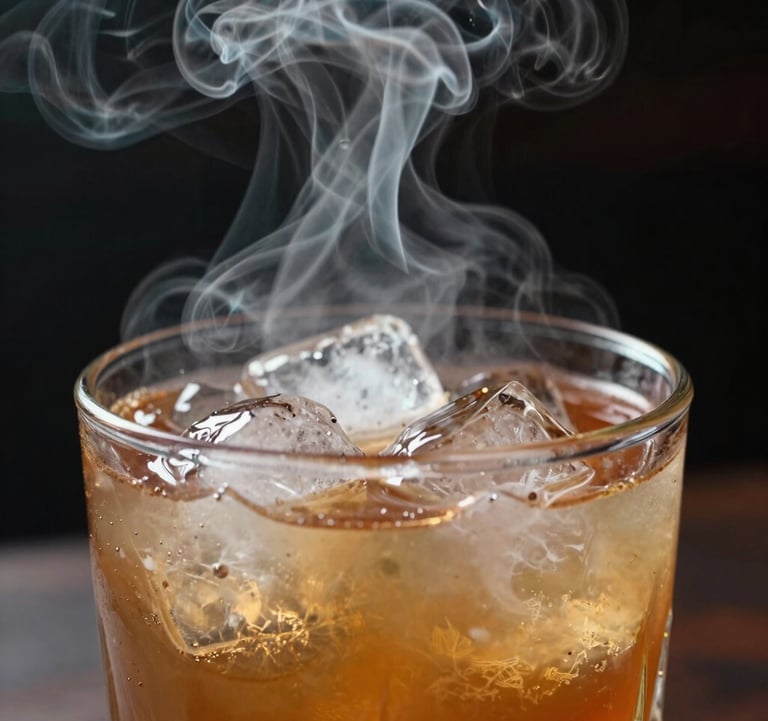 Macro shot of a signature cocktail being infused with wood smoke under a glass cloche, dramatic cinematic lighting, rich textures of ice and vapor, North American / Urban.
