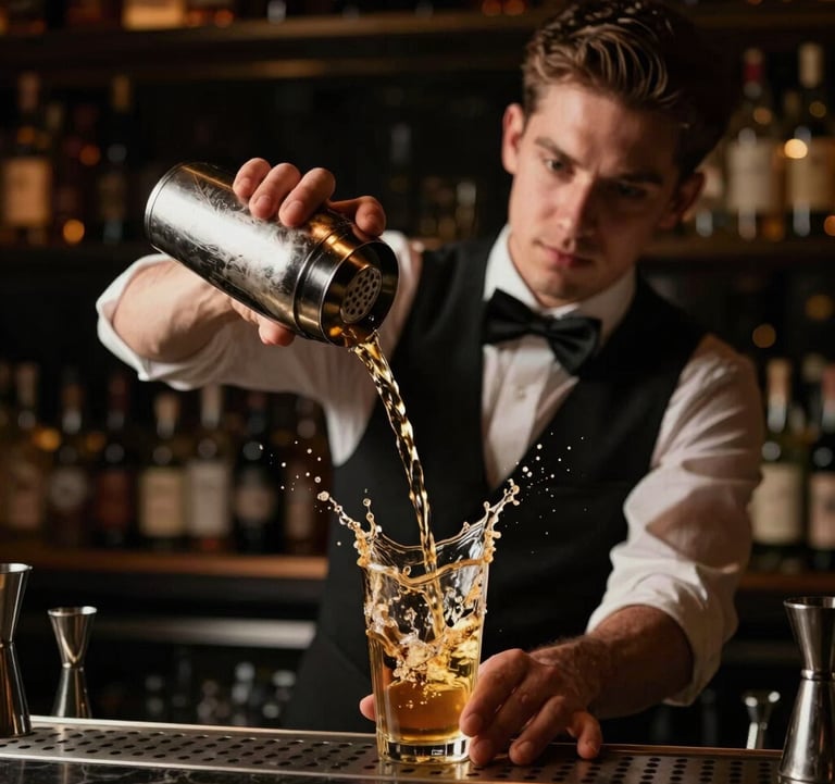 A cinematic shot of a bartender performing a subtle, professional flair move with a shaker in a dark, luxury club environment. A splash of gold liquid is captured in mid-air against deep shadows.