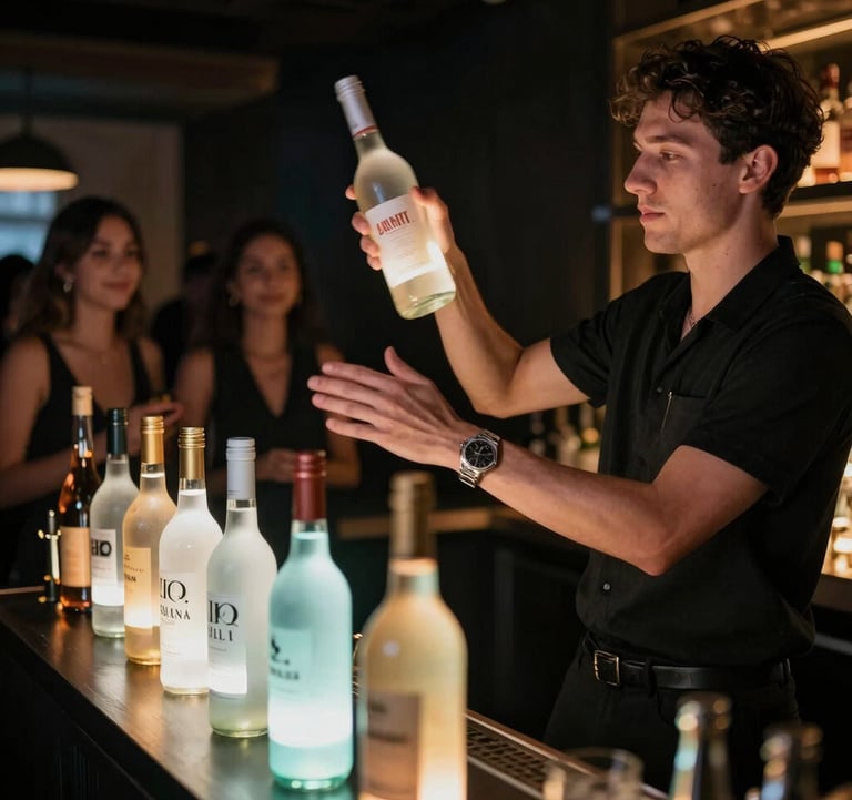 A dynamic flair bartender performing an interactive show with glowing bottles in an exclusive dark-toned members club. Subtle motion blur on the bottles, North American urban socialites in the background.