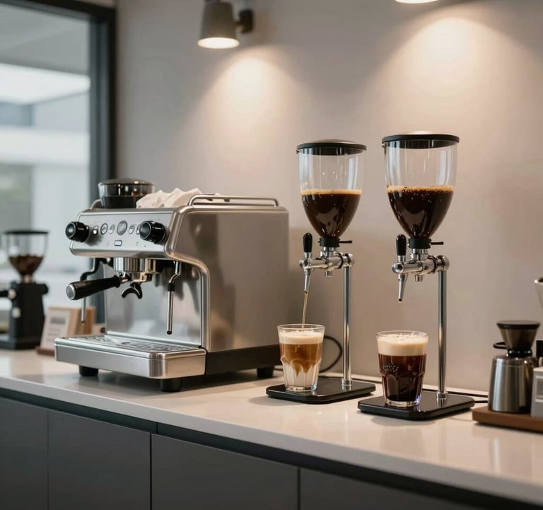 Minimalist premium coffee bar station in a North American urban office setting. Brushed silver espresso machine and cold brew taps, with high-end glass carafes and artisanal coffee drinks, illuminated by focused warm spotlights.