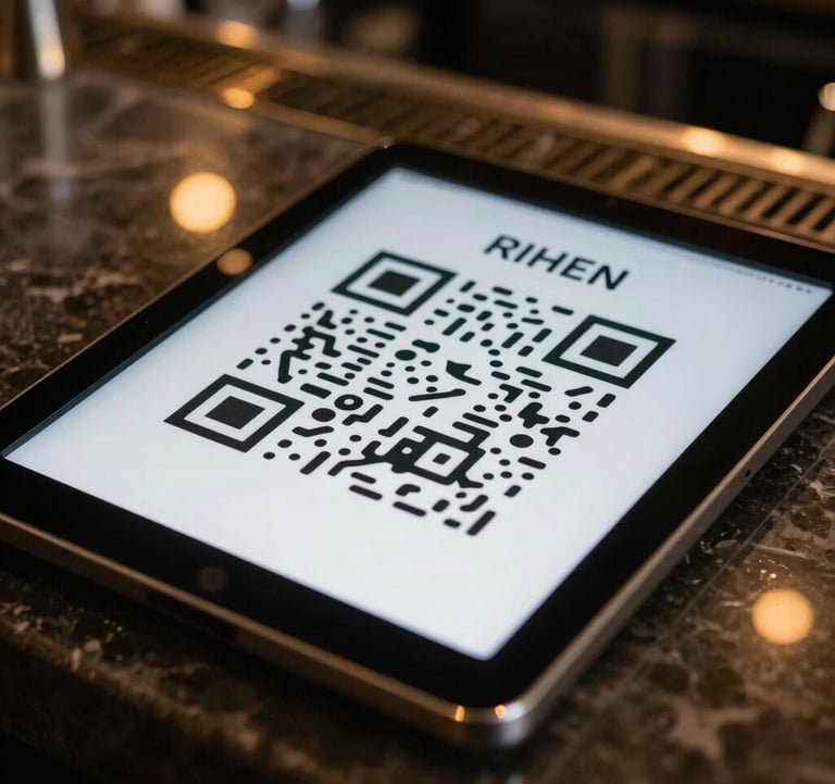 Close-up of a digital QR-based menu displayed on a sleek glass tablet at a modern bar in a North American / Urban lounge. Subtle reflections of warm gold lights dance on the surface. Minimalist and luxurious atmosphere.