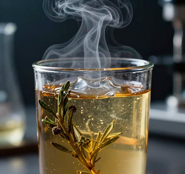 Extreme close-up of a molecular cocktail being prepared in a North American / Urban setting. A clear glass contains a vibrant gold liquid with botanical elements and a delicate puff of white smoke. Dark, cinematic lab background with steel blue tones.