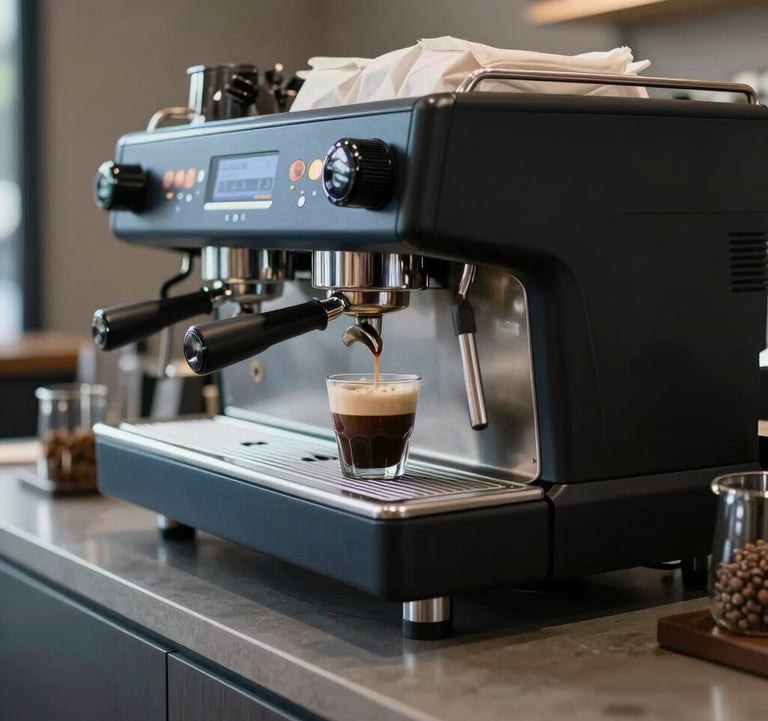 A stylish barista preparing a premium espresso drink at a minimalist matte black and steel blue coffee station in a North American / Urban setting. Professional, tech-forward aesthetic.