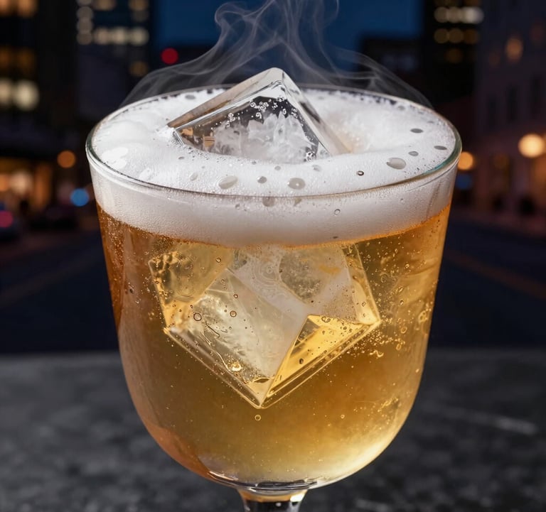 Macro photography of a signature molecular cocktail with glowing gold liquid and custom geometric ice. A thin layer of white foam sits on top, with subtle smoke effects around the rim, set against a dark North American urban night background.