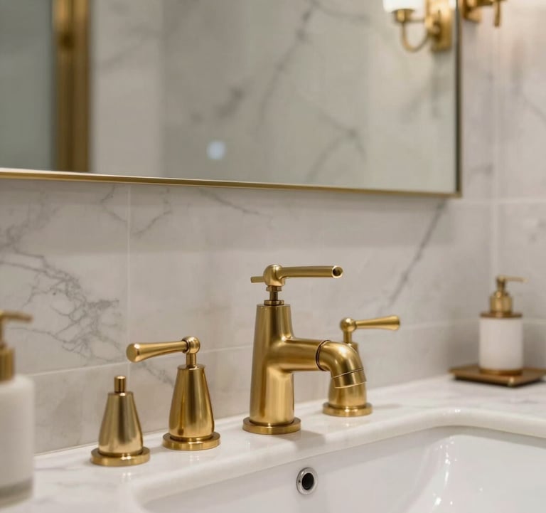 A chic, luxury bathroom featuring exquisite plumbing fixtures in brushed brass, pristine marble walls, soft lighting, and elegant details. European / Parisian French design.