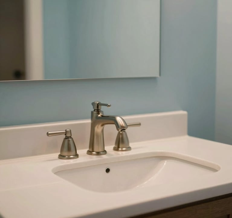 Close-up photography of a custom-designed bathroom vanity in a North American home. The vanity features a soft beige countertop, a brushed nickel faucet, and a minimalist mirror reflecting a soft aqua blue wall. The lighting is warm and elegant.